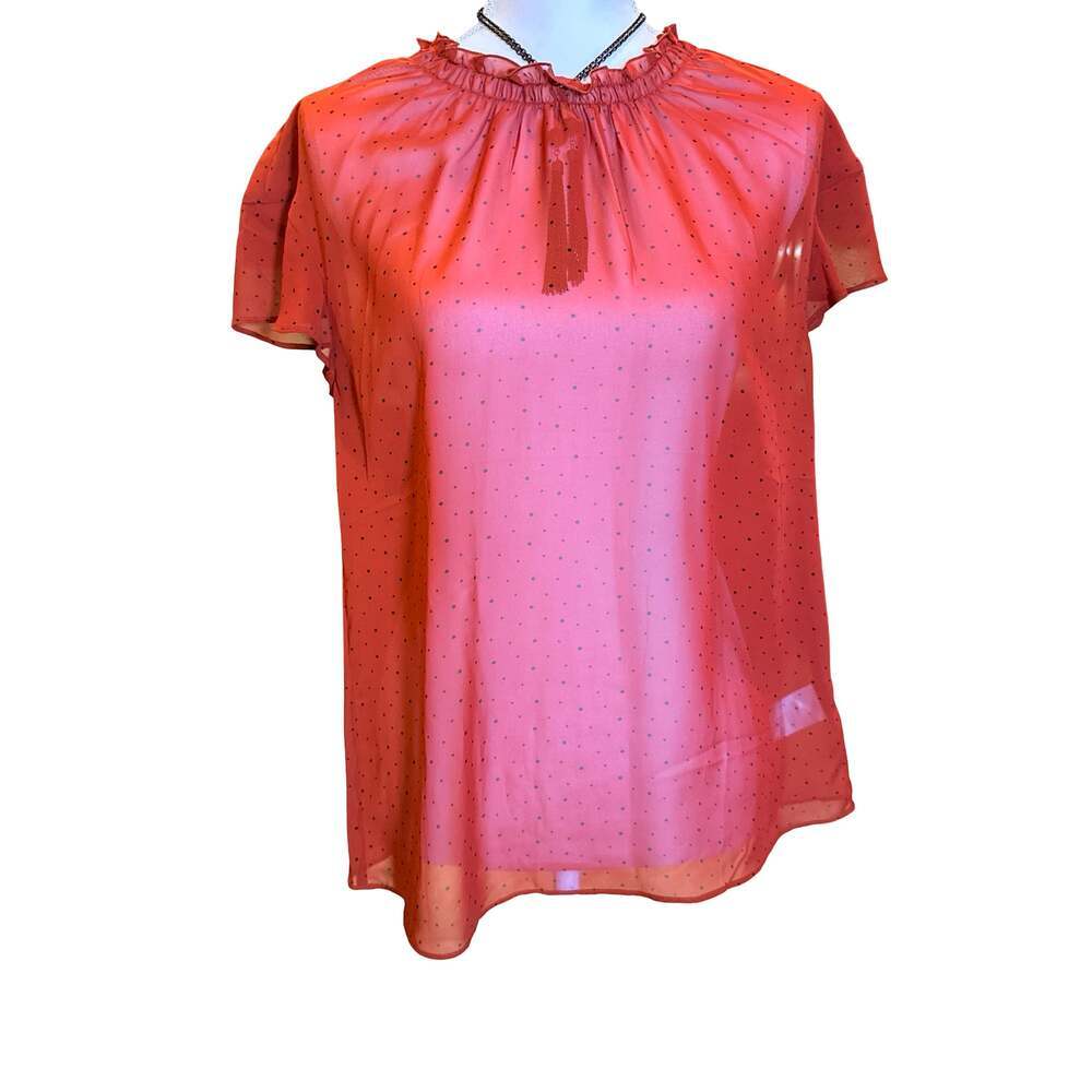 Express Red Polka Dot Sheer Ruffle Neck Blouse Size M - Picture 2 of 6